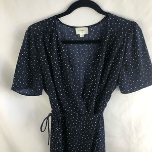 Everly Navy Polka Dot Wrap Waist Tie Midi Dress